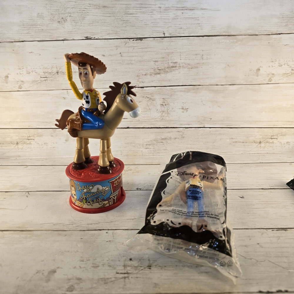 Vintage 1999 Toy Story 2 McDonalds Woody Bullseye Push Toy & Sealed Woody Figure
